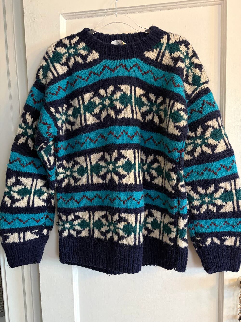 VTG Rey Wear 100% Wool Pull Over Sweater Blue White Green M/L